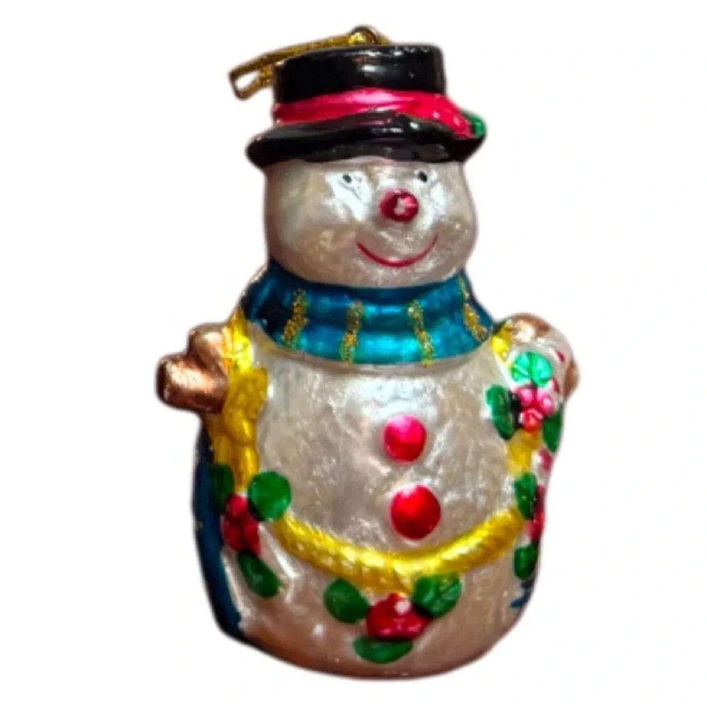 Snowman Glass Ornament Christmas Gift Box Set Collectible White Blue Red Gold